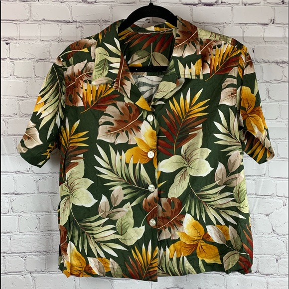 VINTAGE Hawaiian Shirt Button-down Green with Palm Leaves - Picture 1 of 12